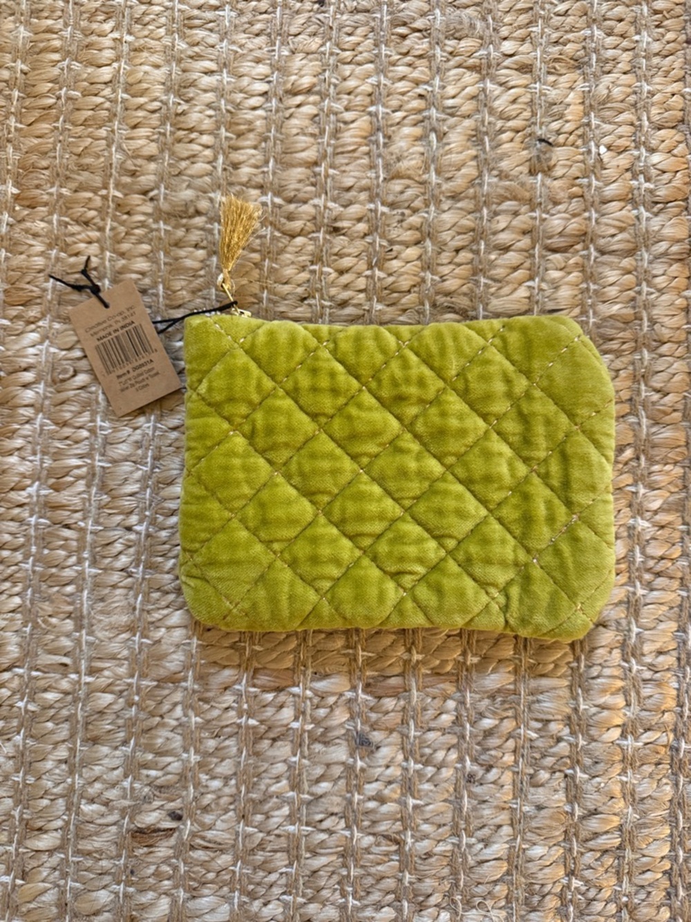 Quilted Velvet Zip Pouch in green 7" x 5"